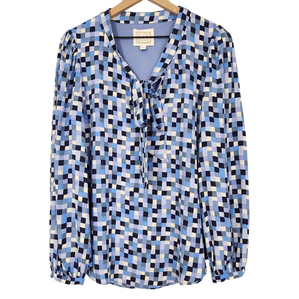 Sail to Sable Blue Geometric Tie Front Long Sleeve Blouse Blue, Medium